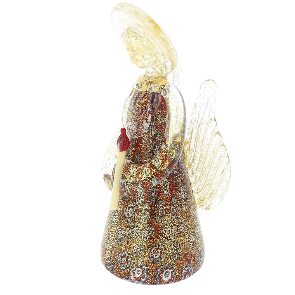 Murano Glass Millefiori Angel - Red: This stunning Murano Glass Angel is handcrafted in one of the oldest glass-making workshops on Murano Island in Venice. The bright mosaics of the Angel's dress and pure 24K gold infused in the dress, 