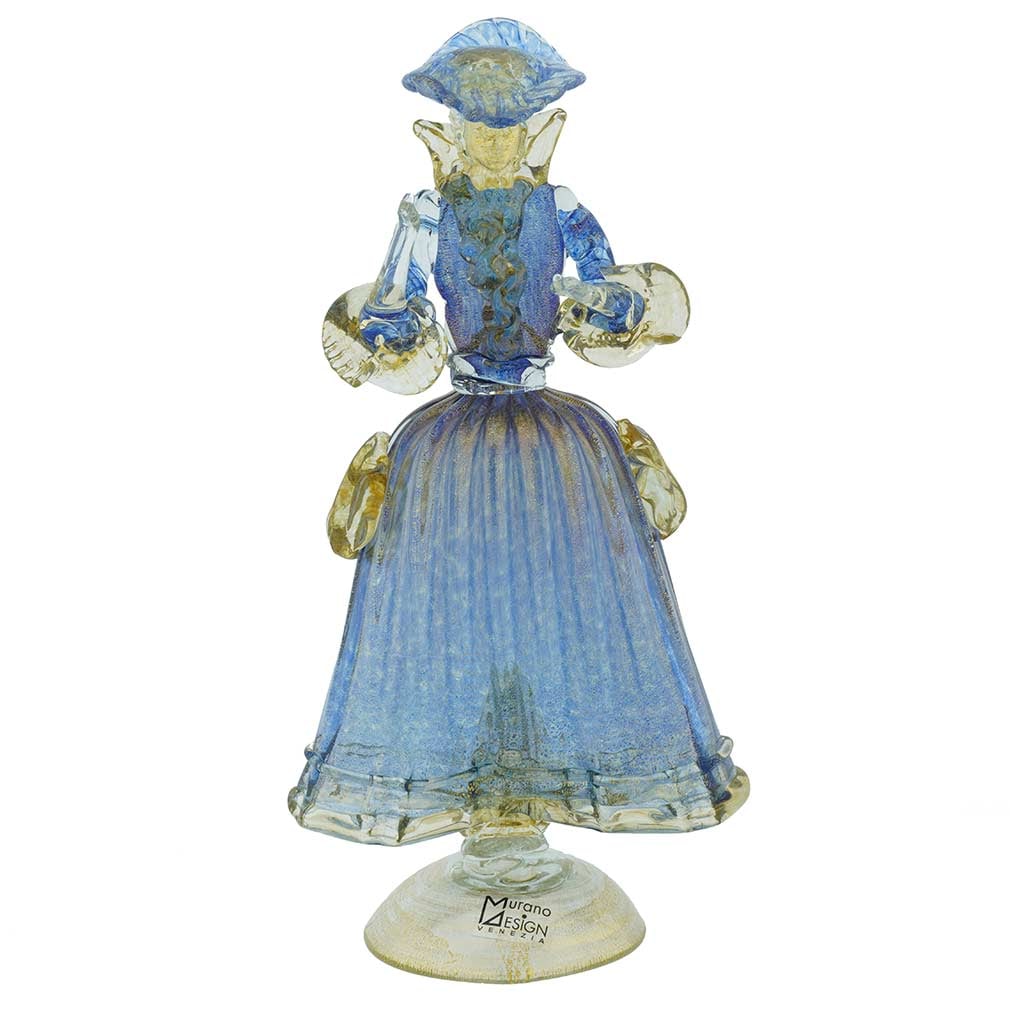 Murano Glass Venetian Goldonian Lady - Blue and Gold: Venice is glamorous, beautiful, and unique, and so is this decadent Murano Glass Dame that seems to have frozen mid-conversation in a lush seventeenth-century Venetian ballroom. Her sumptuous period d