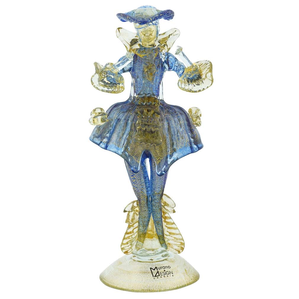 Murano Glass Venetian Goldonian Gentleman - Blue and Gold: Venice is stunning, exquisite, and unique, with golden rays of sun playing in the water of its famous canals. Venetian charm and glamour are reflected in this Murano Glass sculpture of a Venetian Gent