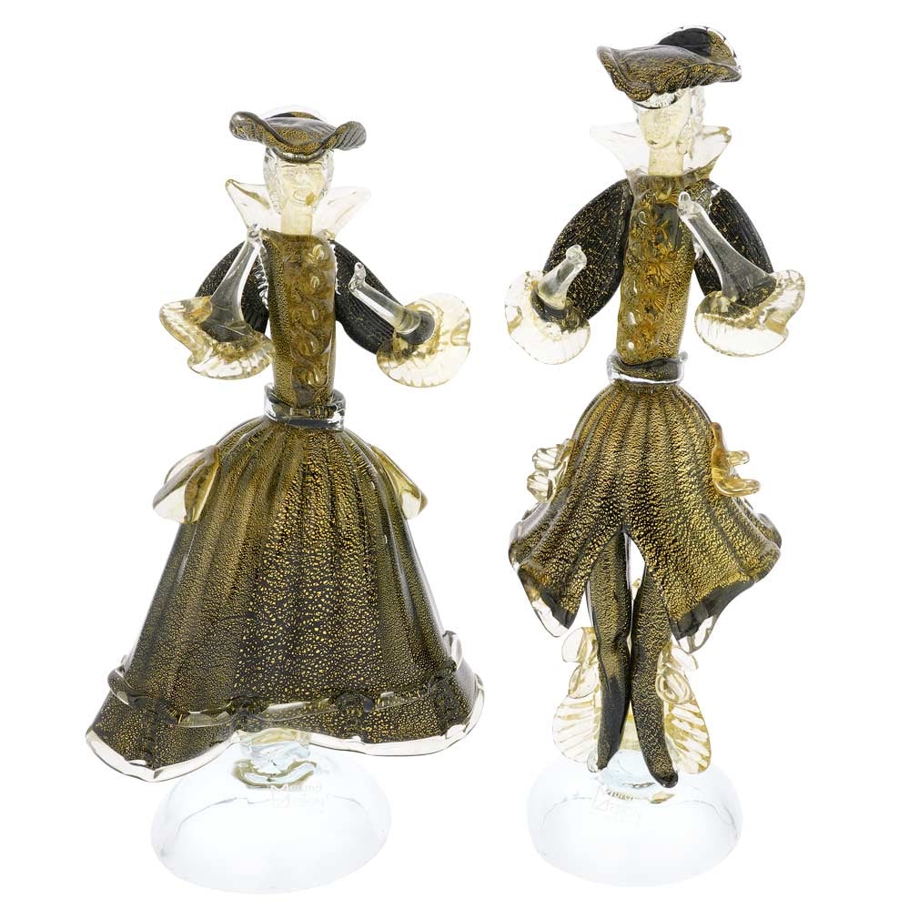 Murano Glass Venetian Goldonian Couple - Black and Gold: Venice's romantic alleyways and palazzos witnessed many amorous adventures, and you can almost hear Casanova's famous footsteps wondering around Venice at night. This glamorous Venetian Couple brings 