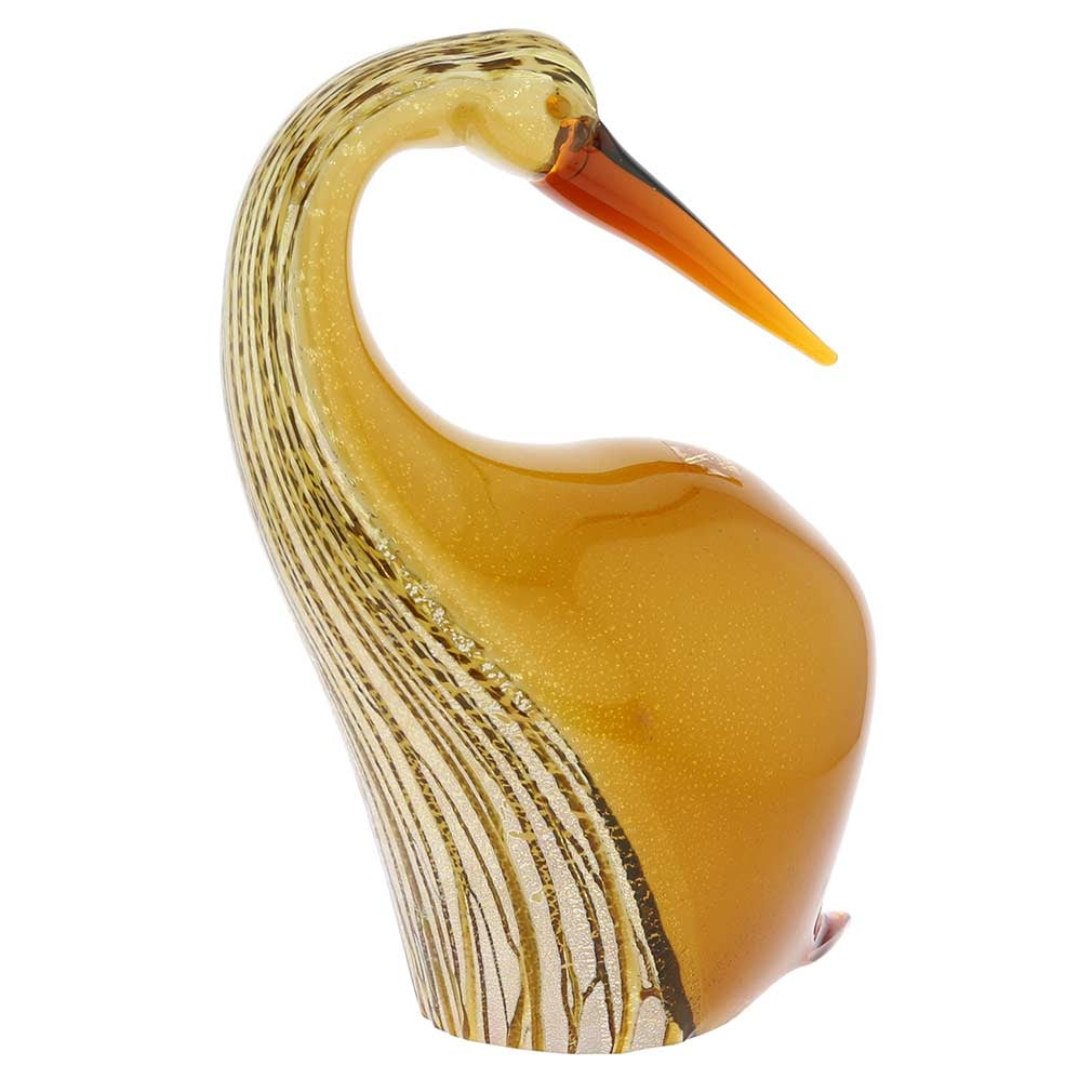 Murano Glass Heron Bird Sculpture - Gold: Elegant and beautiful, this Murano Glass Heron Bird sculpture is pure art designed and handmade by distinguished Murano Glass masters in Venice using the glassmaking techniques and tools that have bee
