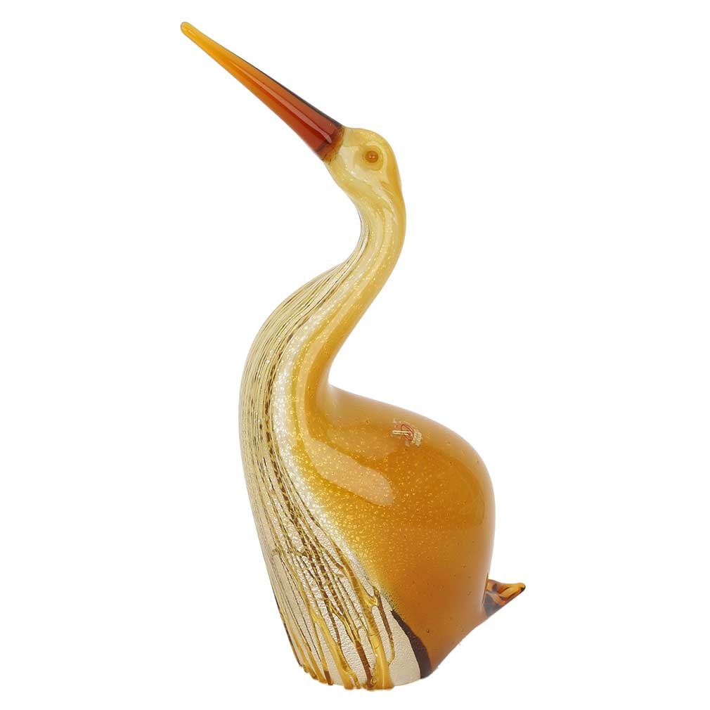 Murano Glass Heron Bird Sculpture - Gold: Stunningly beautiful and so unique, this Murano Glass Heron Bird sculpture is created by acclaimed Murano Glass masters in Venice using the glassmaking methods that have been passed from father to son