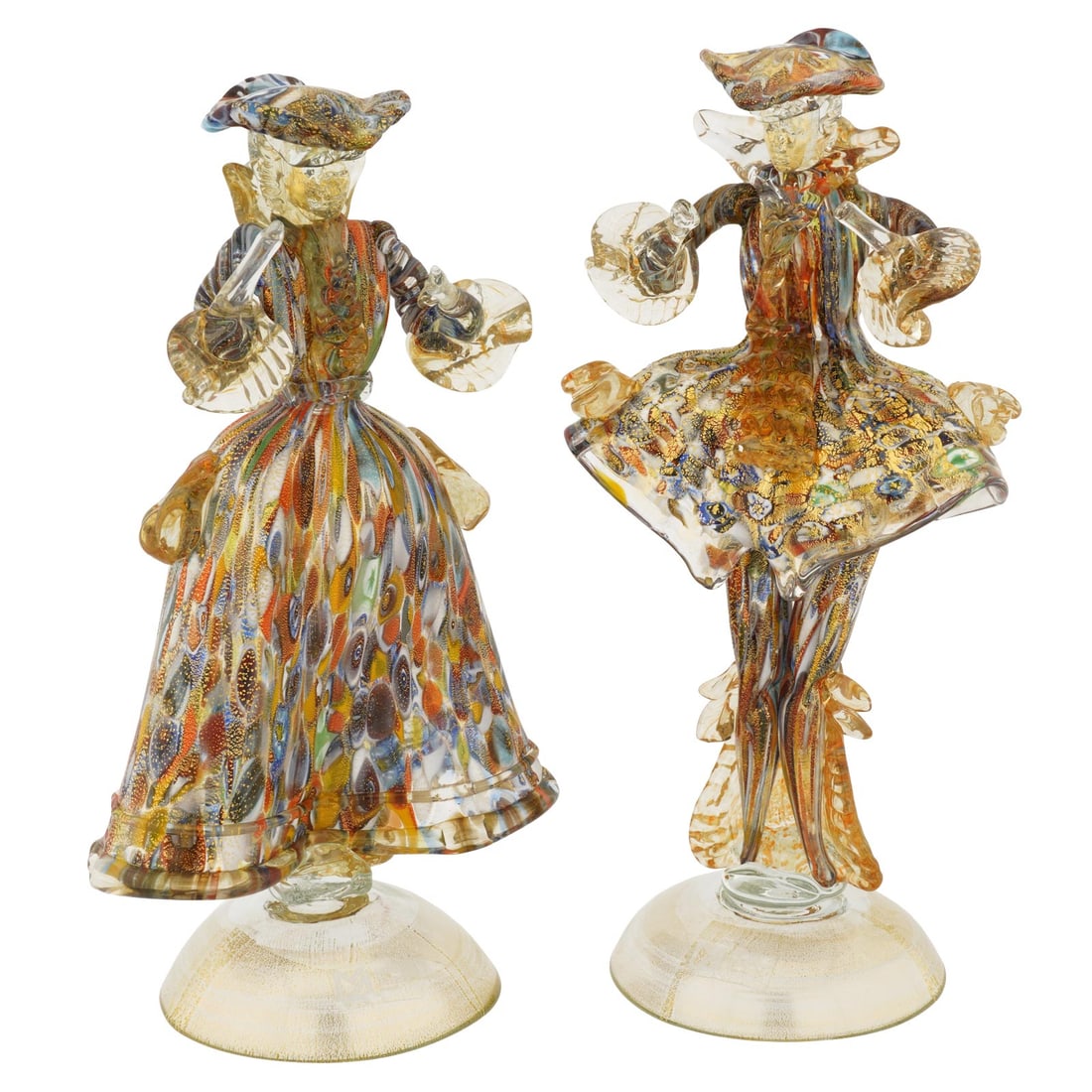 Murano Glass Venetian Goldonian Couple - Millefiori and Gold: Venice is the capital of romance, beauty and elegance, where you can almost hear Casanova's famous footsteps at night. This glamorous Venetian Couple in rich Millefiori mosaic technique generously dus