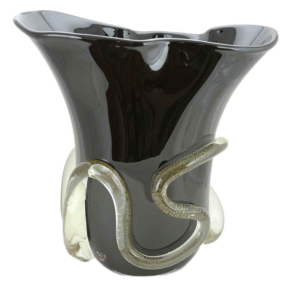 Murano Glass Centerpiece Vase - Black and Gold: This stunning Murano Glass Centerpiece Vase is all about modernity, yet it is crafted in very traditional glass-blowing workshops of Murano Island based on a thousand years of Venetian glass-making. T