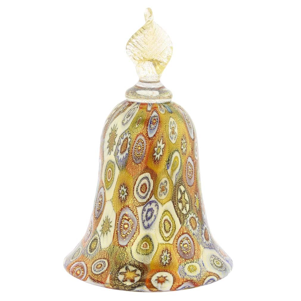 Murano Glass Golden Quilt Multicolor Millefiori Bell: This charming Bell showcases one of the most popular and distinctive Murano techniques- Millefiori ("a thousand flowers" in Italian). Bright multicolor flowers richly sprinkled with 24 karat gold crea