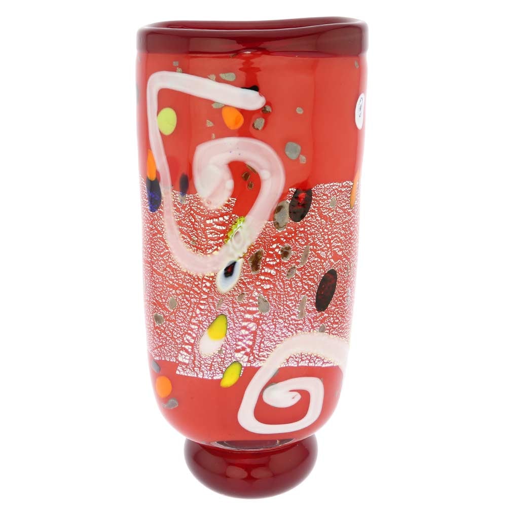 Murano Glass Modern Art Vase - Red: The bold design and rich colors of this Murano Glass Vase accented by the shimmering silver leaf infused in the glass make it an instant conversation piece. Crafted by famous glass artists in a tradit