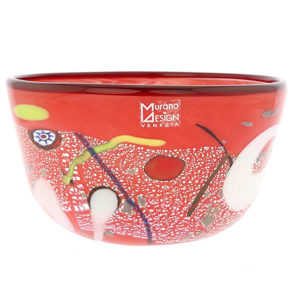 Murano Glass Modern Art Bowl - Red: The bold design and rich color of this Murano Glass Bowl, accented by the shimmering silver leaf infused in the glass, make it a standout at your table and in your home. Created by famous Murano glass