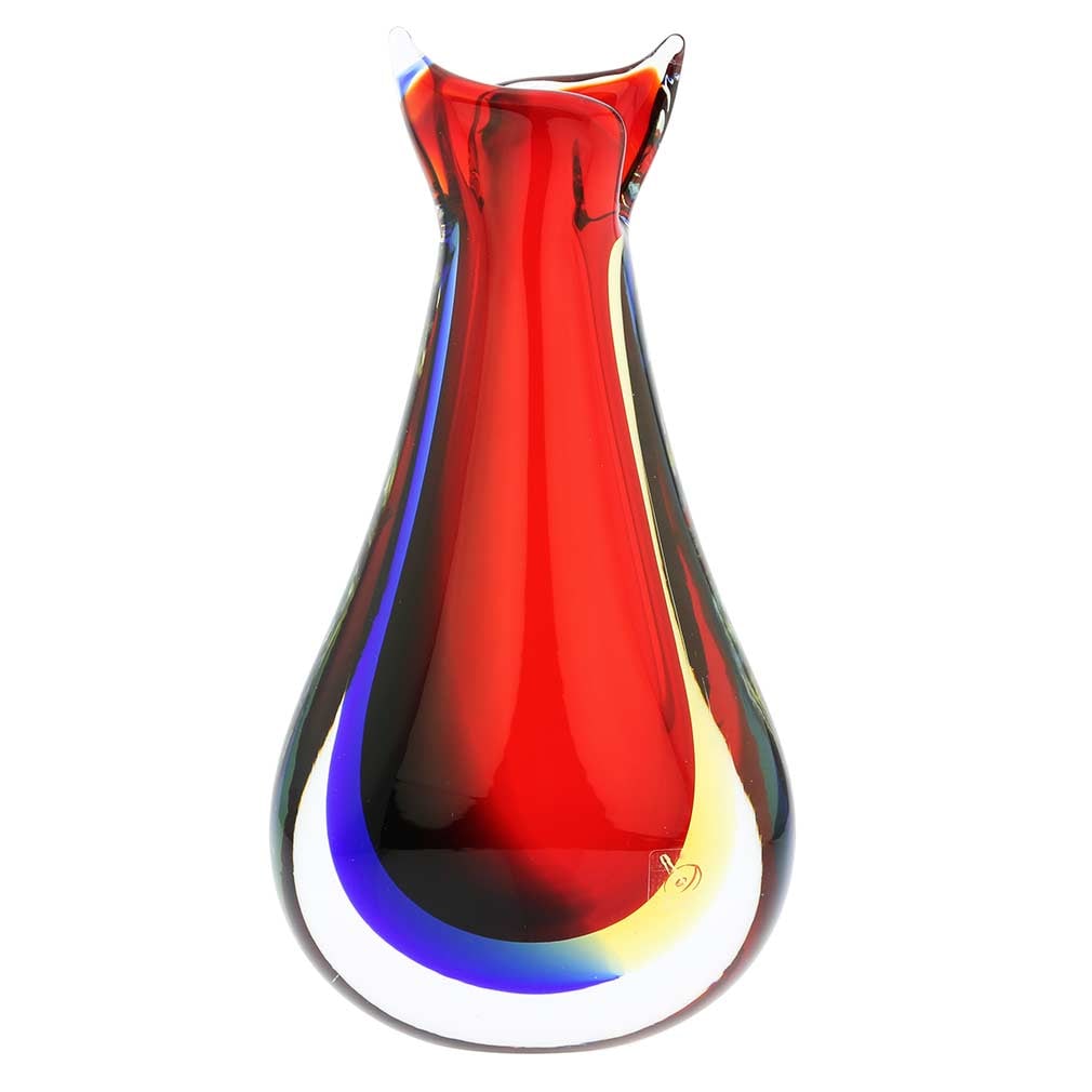 Murano Glass Sommerso Bud Vase - Red Blue Amber: This fabulous Murano Glass Vase presents a contemporary take on classic Venetian glass-making technique called Sommerso. By ingeniously layering colored glass, Murano masters achieve a unique look, wh