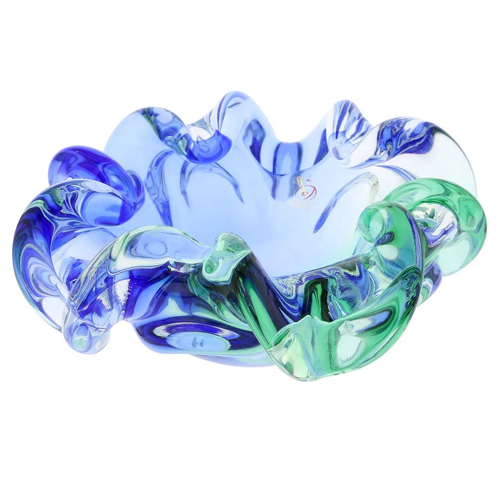 Murano Glass Sommerso Centerpiece Bowl - Green and Blue: This breathtaking Murano Glass Bowl is the very essence of the play of light and colors that characterizes the art of Venetian glass-making. The bowl's artistic look and its brilliance are achieved by