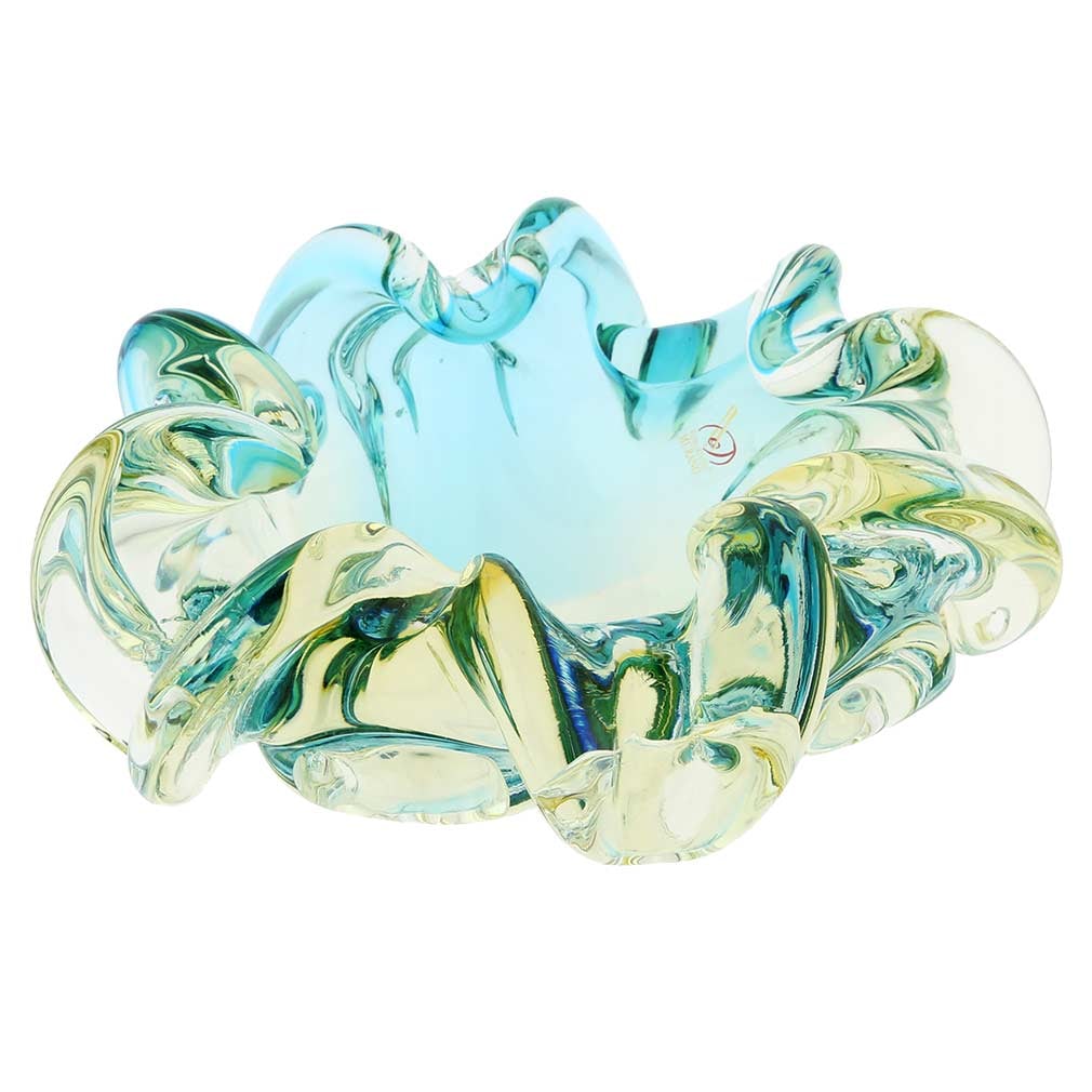 Murano Glass Sommerso Centerpiece Bowl - Amber Aqua: This breathtaking Murano Glass Bowl is the very essence of the play of light and colors that characterizes the art of Venetian glass-making. The bowl's artistic look and its brilliance are achieved by