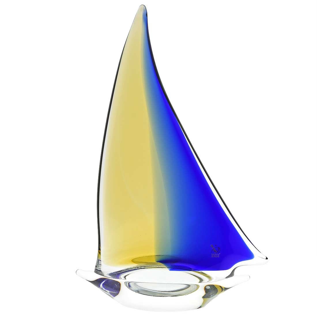 Murano Glass Large Sailboat - Amber Blue: Feel the salty air, imagine the far-away lands, and get immersed in the ever-changing beauty of the sea when you look at this gorgeous handcrafted Murano Glass sailboat. The graceful boat proudly disp