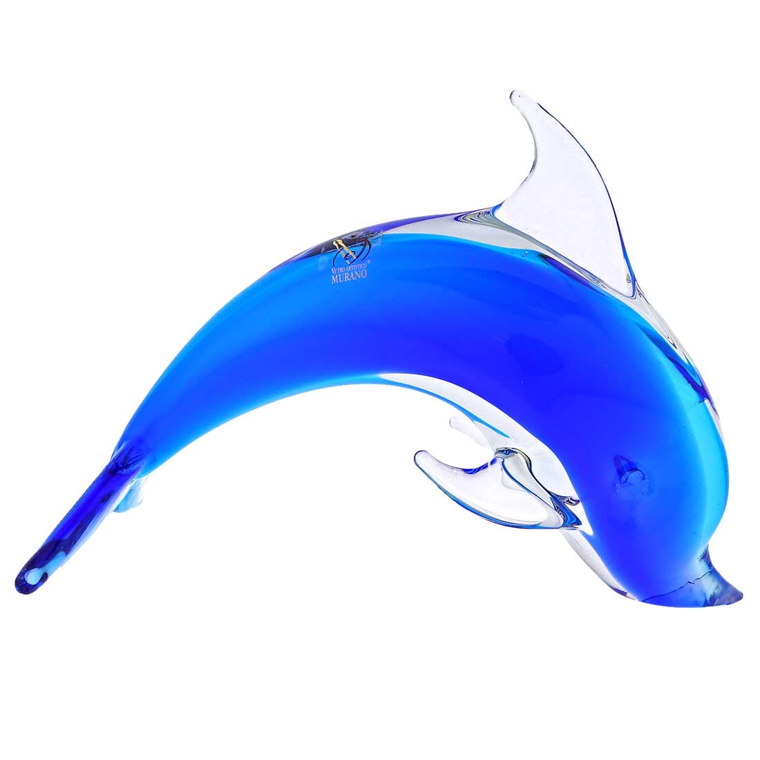 Murano Glass Dolphin - Aqua Blue: This playful Murano Glass Dolphin is ready to dive under the wave, bringing to mind the images of exotic seas and beautiful faraway lands. Created in esteemed Sommerso glass-making technique, the dolp