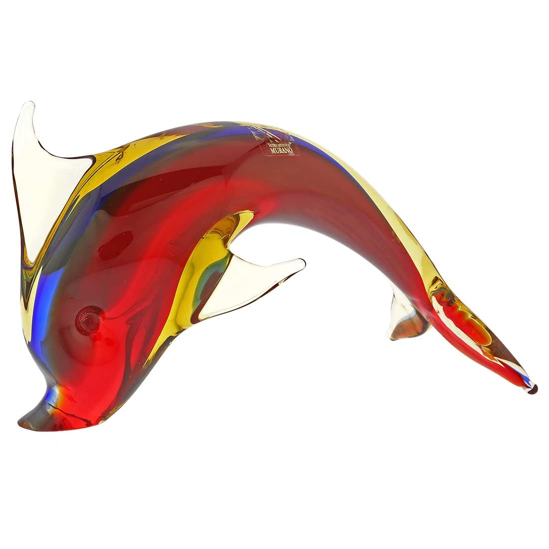 Murano Glass Dolphin - Red Blue Amber: This playful Murano Glass Dolphin is ready to jump into the waves, conjuring up the images of exotic seas and beautiful faraway lands. Created in famed Sommerso glass-making technique invented on Mura