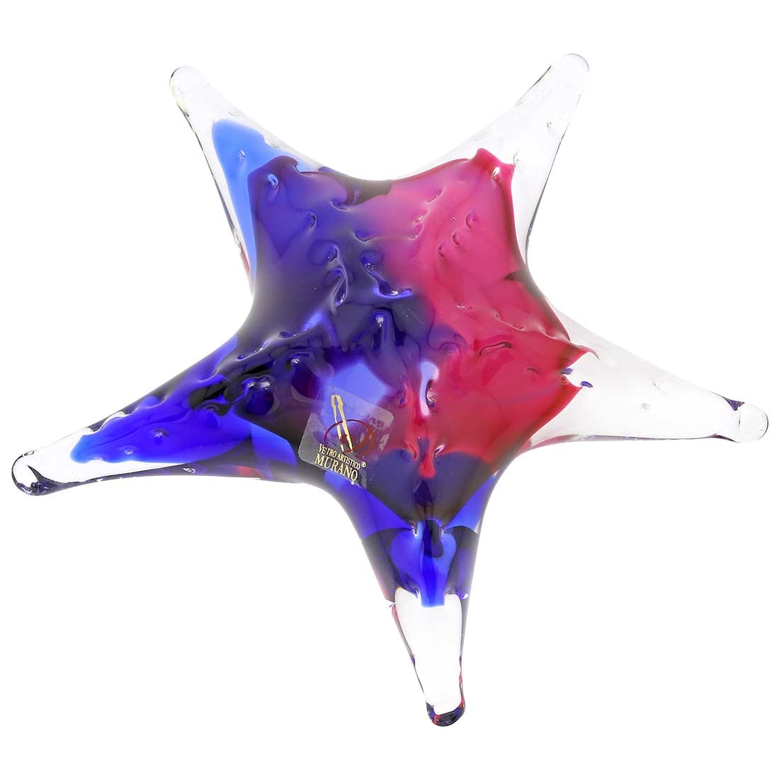 Murano Glass Starfish - Rose and Blue: Vibrant shades of red, blue, pink and purple swirl in this Murano Glass Starfish sculpture, bringing to life the mysterious ambiance of the Adriatic Sea. Handmade by top-notch artisans based on Murano