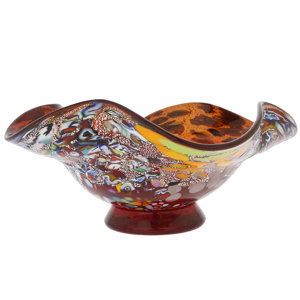 Murano Glass Millefiori Fazzoletto Bowl - Silver Red: A lovely accent to any interior design, this magnificent Murano Glass Centerpiece combines the best of Murano artisan tradition with the progressive artistic vision of contemporary Murano Glass maestr