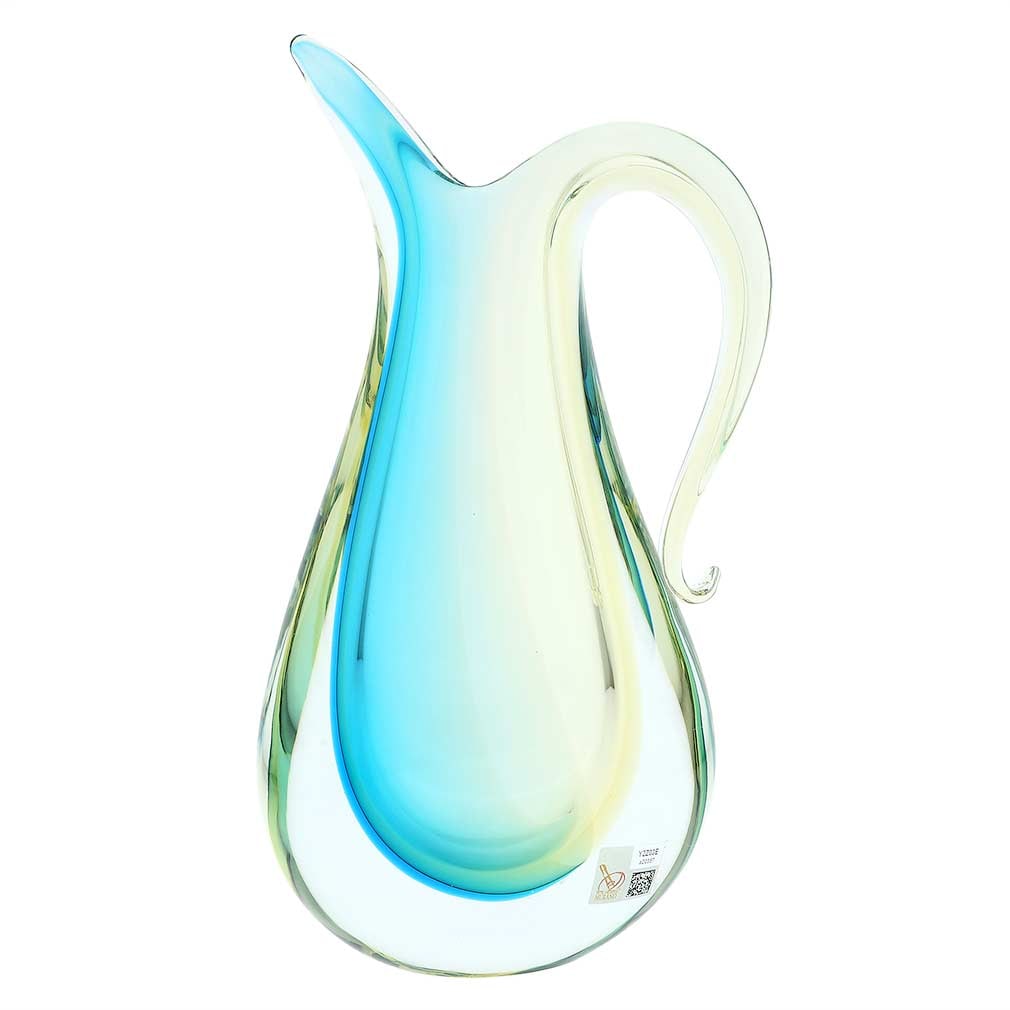 Murano Glass Sommerso Pitcher Vase - Amber Aqua: Elegant, artistic, and so unique, this Murano Glass creation can serve as both a pitcher and a vase and add a gorgeous Venetian accent to your living or dining room. This Murano Glass Vase in the form