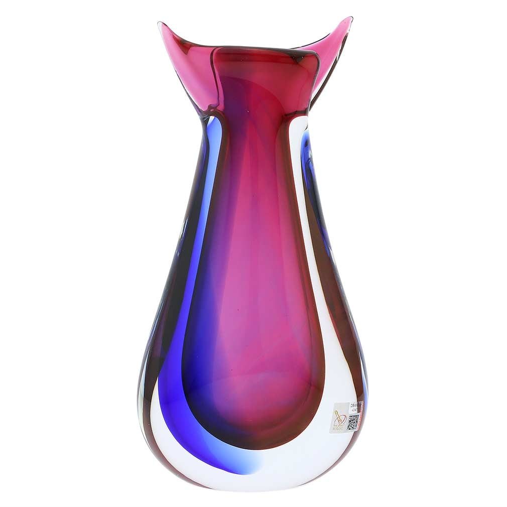 Murano Glass Sommerso Bud Vase - Rose and Blue: This fabulous Murano Glass Vase presents a contemporary take on classic Venetian glass-making technique called Sommerso. By ingeniously layering colored glass, Murano masters achieve a unique look, wh