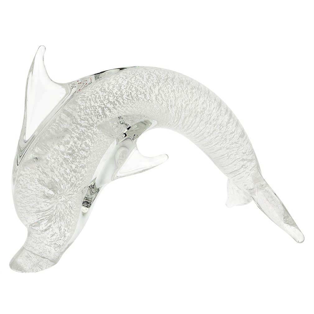 Murano Glass Dolphin - Sparkling Silver: This playful Murano Glass Dolphin was created in a traditional workshop on Murano island using the sought-after silver leaf technique where .925 Sterling Silver foil is infused into cristallo glass un