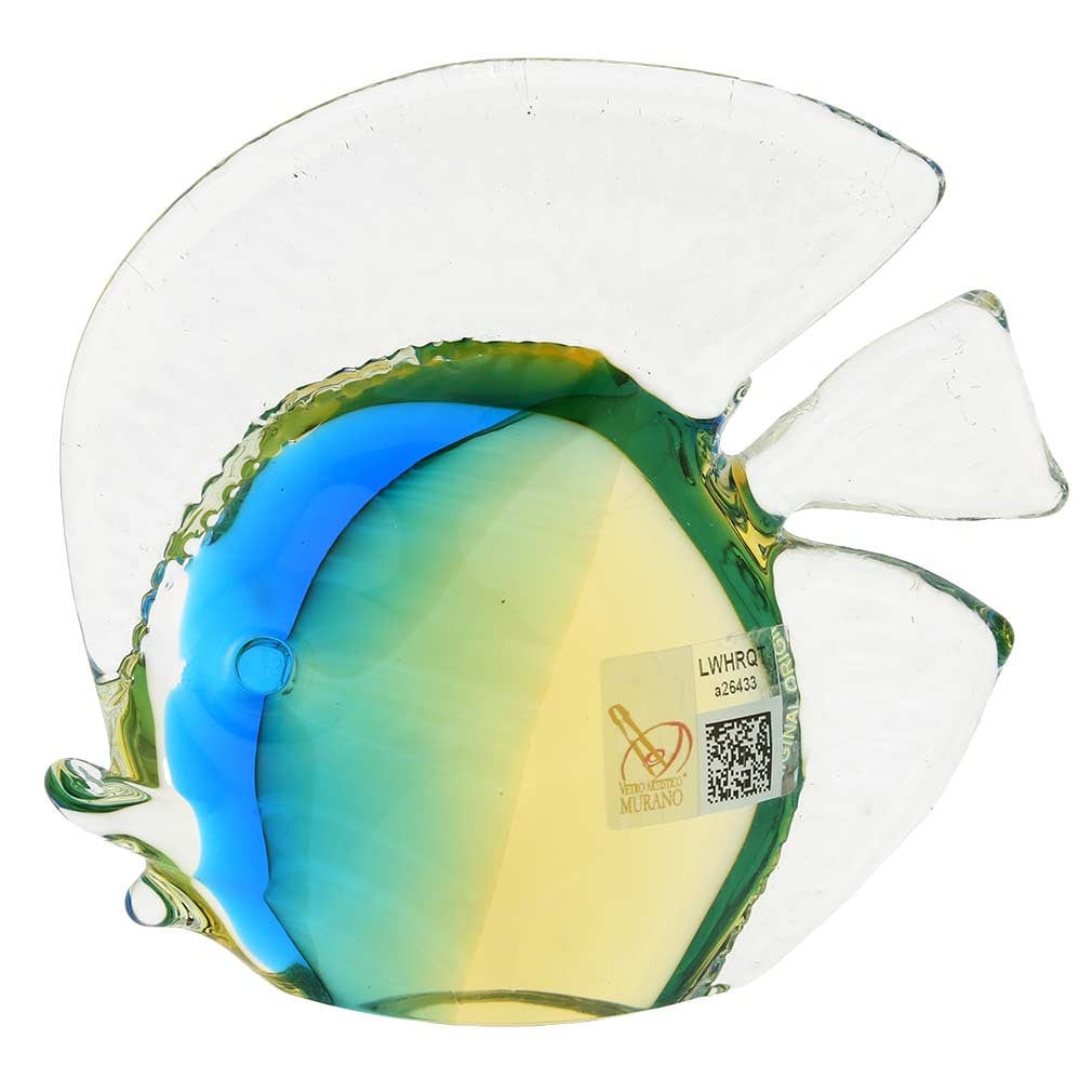 Murano Glass Tropical Fish - Amber Aqua: This beautiful fish seems to have just jumped out of the sparkling waters of Venetian Lagoon. Featuring nature-inspired colors in beautiful shades of amber and aqua, this fish is handcrafted in a famo
