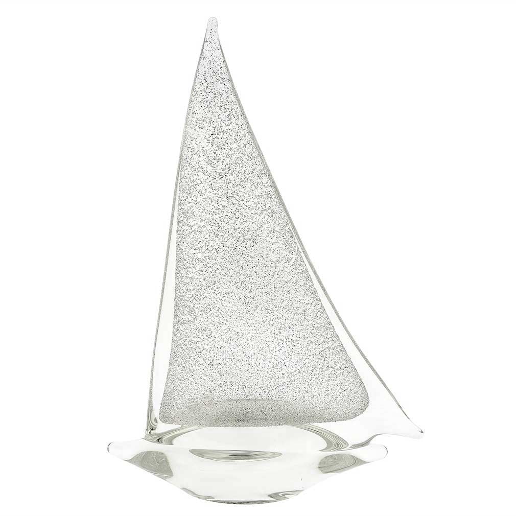 Murano Glass Large Sailboat - Sparkling Silver: Feel the salty air, imagine the far-away lands, and get immersed in the ever-changing beauty of the sea when you look at this gorgeous handcrafted Murano Glass sailboat. The graceful boat proudly disp