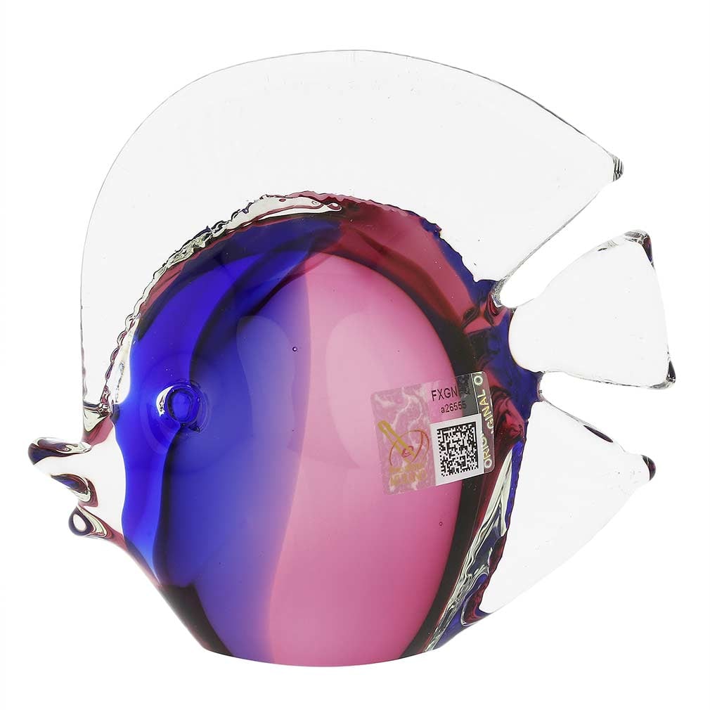 Murano Glass Tropical Fish - Rose and Blue: This beautiful fish seems to have just jumped out of the sparkling waters of Venetian Lagoon. Featuring nature-inspired colors in beautiful shades of rose and blue, this fish is handcrafted in a famou