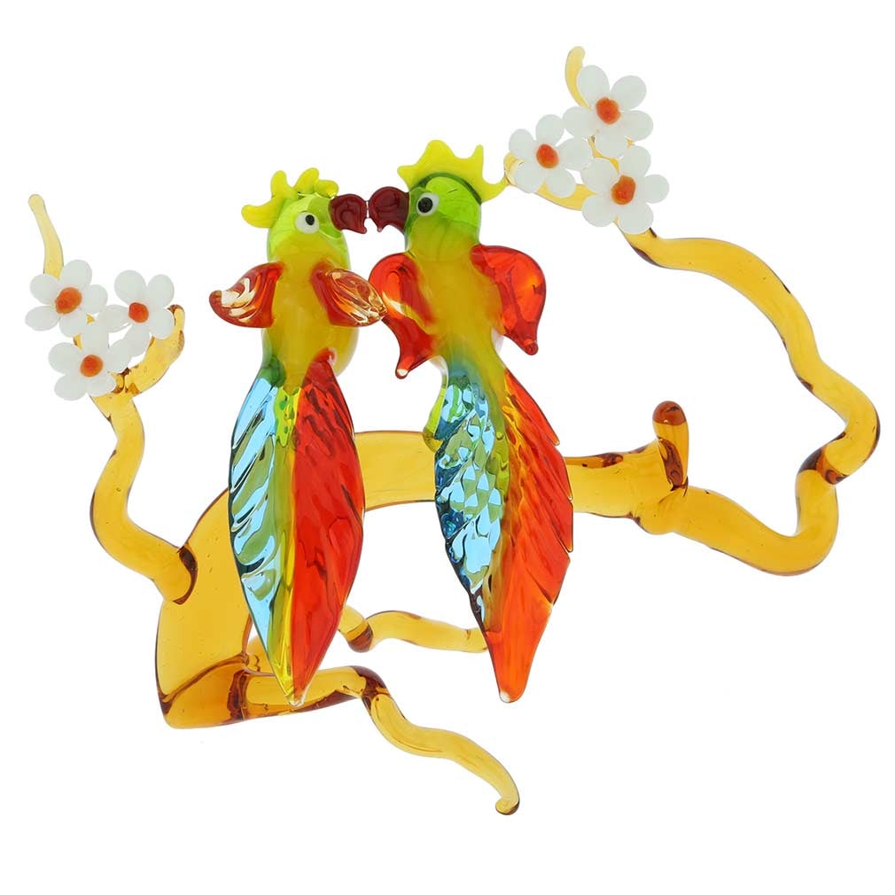 Murano Glass Parrot Birds Pair on a Branch: You cannot help but imagine yourself in one of Venice's enchanted gardens lulled by the birdsong and dazzled by the harmony of man-made beauty and nature when you set your eyes on this meticulously cr