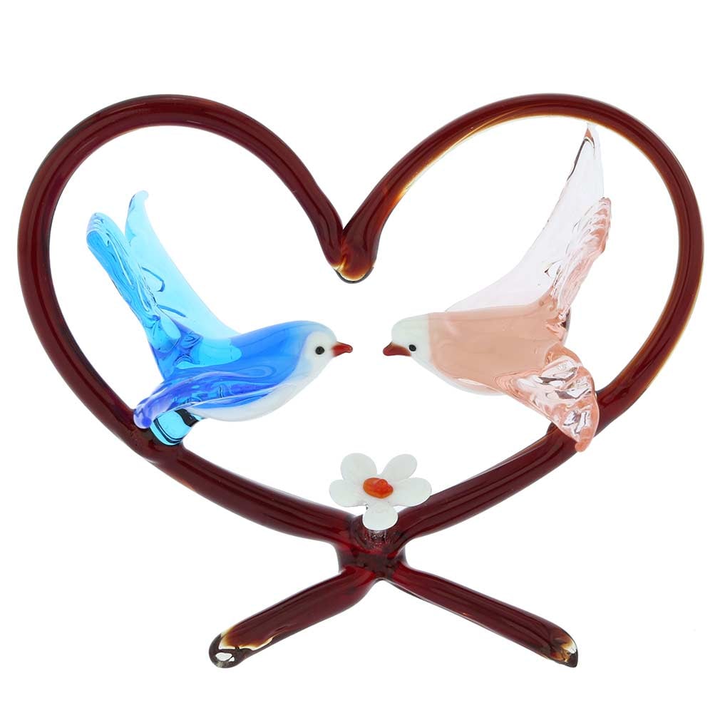 Murano Glass Birds On Red Heart - Blue and Pink: A beautiful romantic sculpture from the workshops of talented Murano artisans, this pair of Murano Glass birds inside a red heart is a symbolic representation of love, tenderness, and care, something 