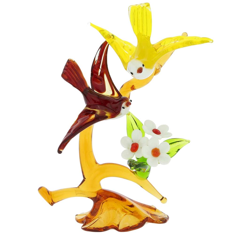 Murano Glass Birds On a Tree With Flower - Red and Yellow: This gorgeous Murano glass sculpture channels Venetian romance and exquisite beauty, symbolized by the two birds leaning close to each other on a tree branch. Fabulous colors, transparent nature of th