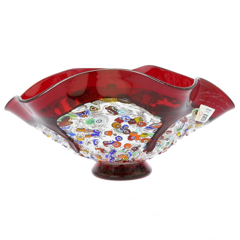 Murano Millefiori Art Glass Wavy Bowl - Red: This magnificent blown Murano Glass vase features rich radiant colors, fine workmanship, and unique artistic form, all of which highlight the mastery and artistic talent of Murano Glass makers. Festiv