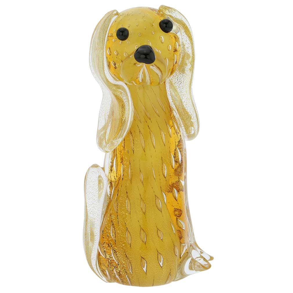 Murano Glass Bullicante Dog - Topaz Gold: This Murano Glass Dog is so cute you'll adore it from the moment you first see it! With its charming long ears, cute face, and elegant posture this dog in rich shades of topaz and amber and shimmering