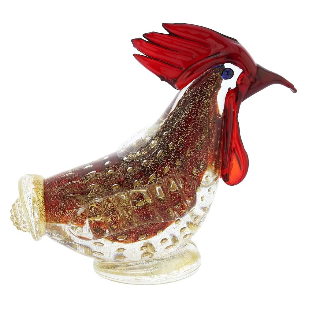 Murano Glass Bullicante Rooster - Red: This lovely Murano Glass Rooster in rich shades of red sprinkled with 24 karat gold is a fine example of Murano Glass masters' creativity and skill. Handmade in the best traditions of Murano glassmaki