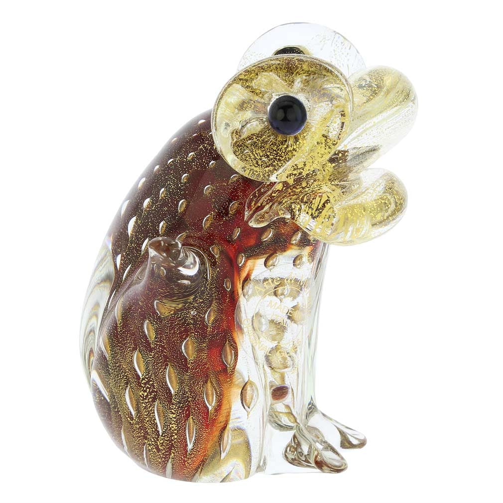 Murano Glass Bullicante Frog - Red: It is hard to take your eyes off this charming Murano Glass Frog in rich shades of red and fine 24 karat gold accents. Finely crafted in the best traditions of Murano glassmaking, this frog is a great
