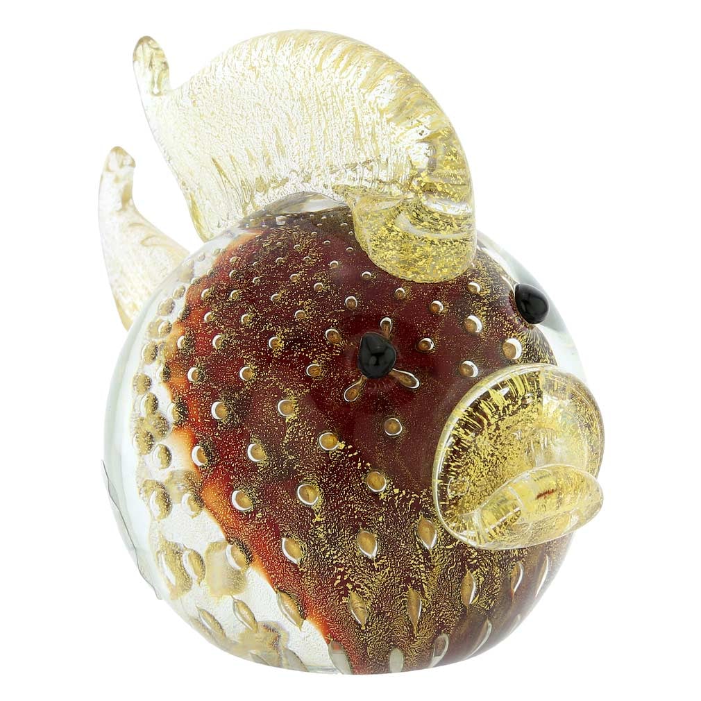 Murano Glass Bullicante Fish - Red: It is hard to take your eyes off this charming Murano Glass Fish in rich shades of red and fine 24 karat gold accents. Finely crafted in the best traditions of Murano glassmaking, this fish is a great