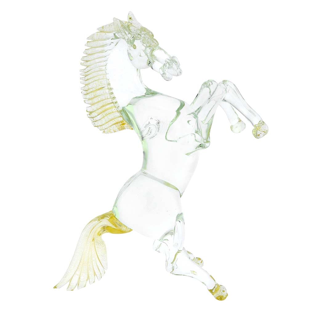 Murano Glass Horse Cristallo Gold - Large: Thanks to the unbelievable talent and skills of Murano Glass artists and artisans, you can almost sense the sheer power and energy when you look at this gorgeous rearing Murano Glass horse. Handcrafte