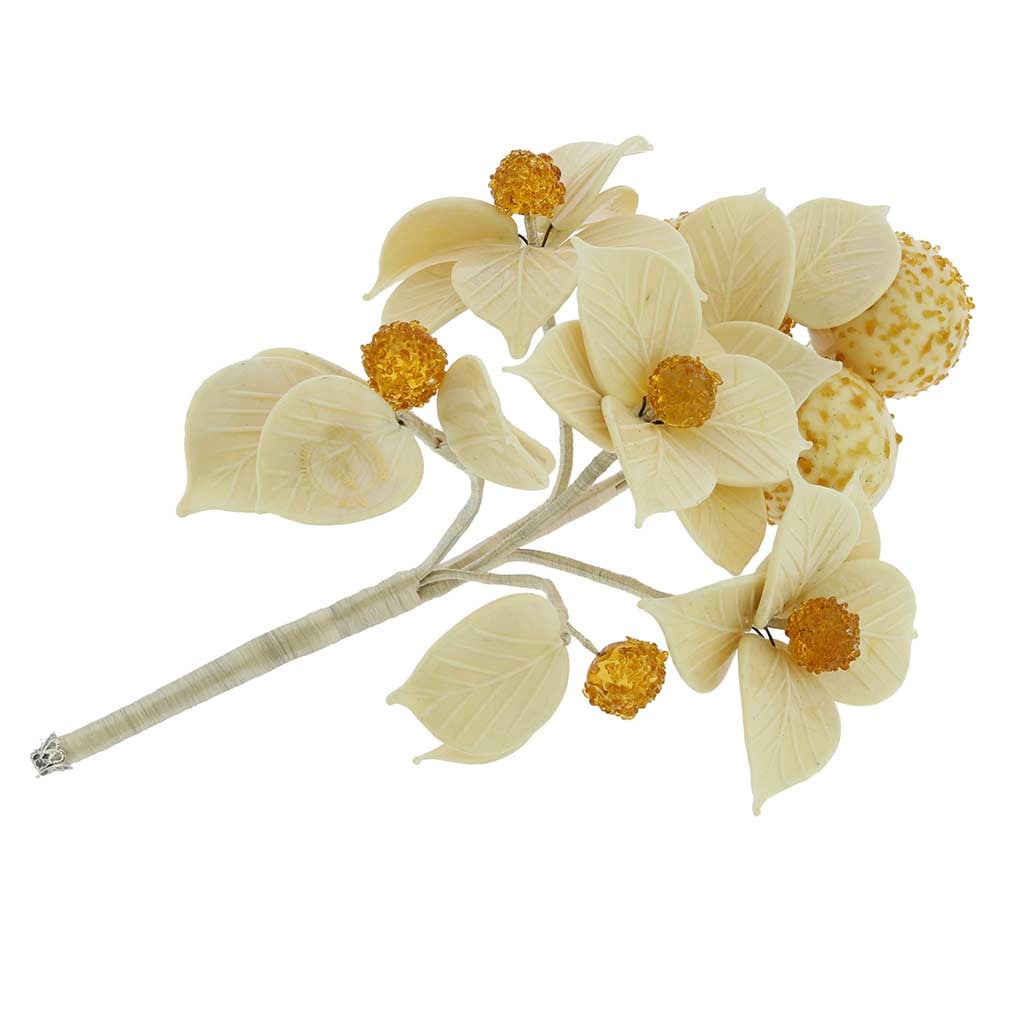 Murano Glass White And Honey Flowers on a Stem: A fine expression of Murano Glass artisans' talent and fantasy, this flower branch looks like it's just been cut off from a blooming tree. Every tender petal and every delicate filament are sculpted b