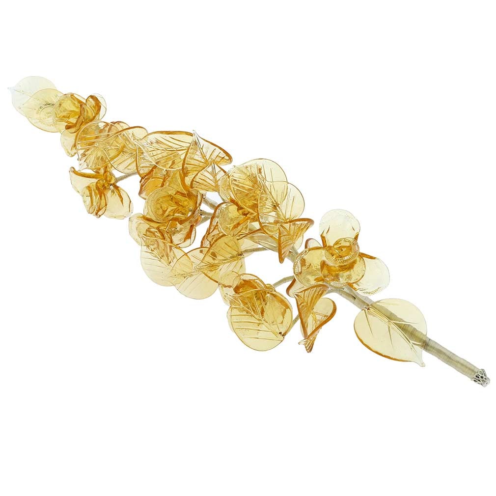 Murano Glass Honey Gold Flowers On A Stem: A fine expression of Murano Glass artisans' talent and fantasy, this flower branch looks like it's just been cut off from a blooming tree. Every tender petal and every delicate filament are sculpted b