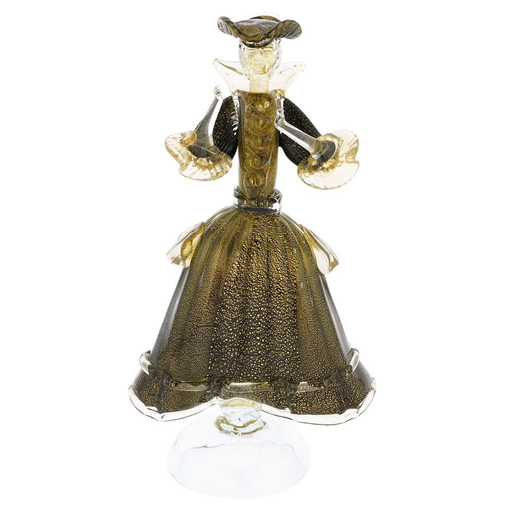 Murano Glass Venetian Goldonian Lady - Black and Gold: Venice is glamorous, beautiful, and unique, and so is this decadent Murano Glass Dame that seems to have frozen mid-conversation in a lush seventeenth century Venetian ballroom. Her sumptuous period d