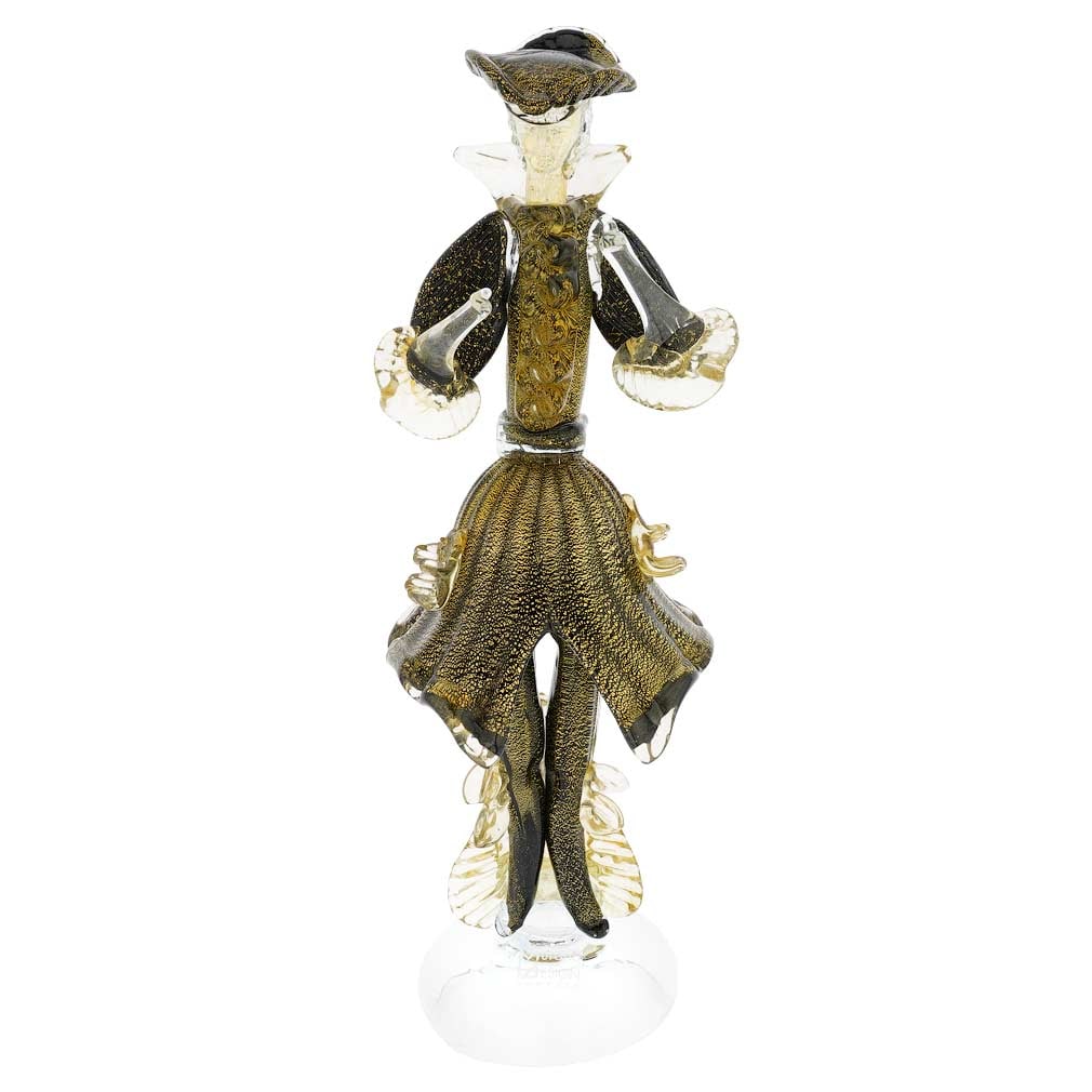 Murano Glass Venetian Goldonian Gentleman - Black and Gold: Venice is stunning, exquisite, and unique, with golden rays of sun playing in the water of its famous canals. Venetian charm and glamour are reflected in this Murano Glass sculpture of a Venetian Gent