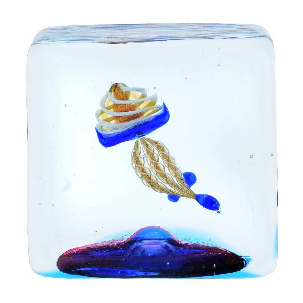 Murano Glass Aquarium Cube With Jellyfish: If you love the beauty of marine life frolicking in crystal-clear water, then this exquisite Murano Glass Aquarium Cube is made for you! With a beautiful and realistic jellyfish captured inside transp