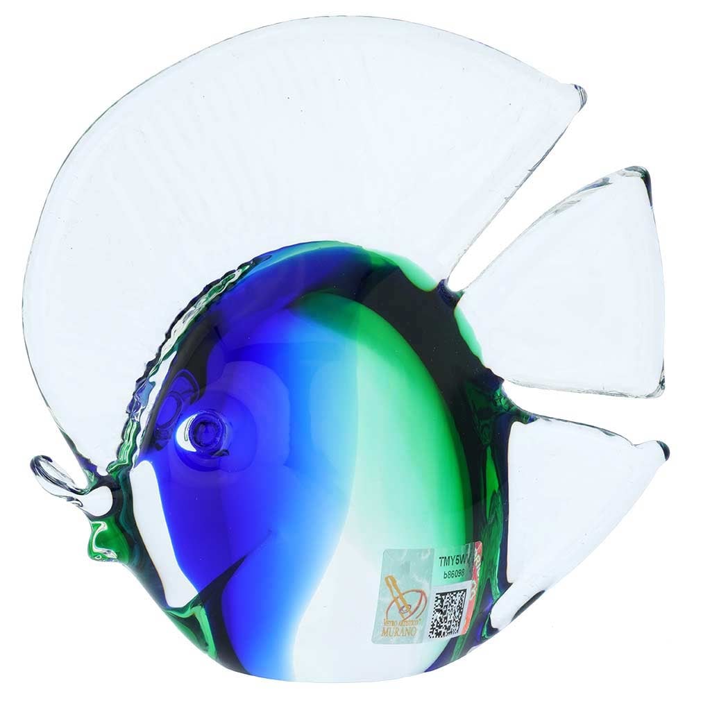 Murano Glass Tropical Fish - Green and Blue: This beautiful fish seems to have just jumped out of the sparkling waters of Venetian Lagoon. Featuring nature-inspired colors in beautiful shades of green and blue, this fish is handcrafted in a famo