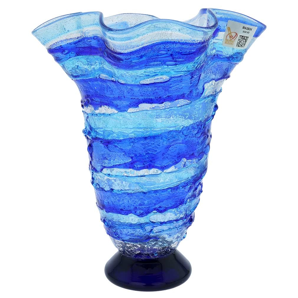 Murano Glass Sbruffo Fazzoletto Vase - Blue: This stunning Murano Glass vase is an amazing example of Sbruffo technique, which at present is only used by very few masters on Murano island. This technique requires precision, skill, and patience t