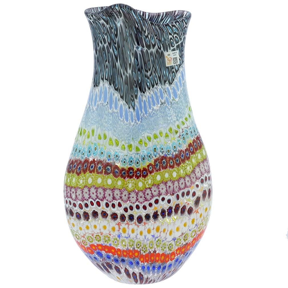 Eden Murano Glass Millefiori Vase - Large: Colorful and unique, this Murano Glass vase features magnificent Millefiori design that creates a modern yet timeless impression. While large and heavy, this Murano vase looks elegant and weightless, 