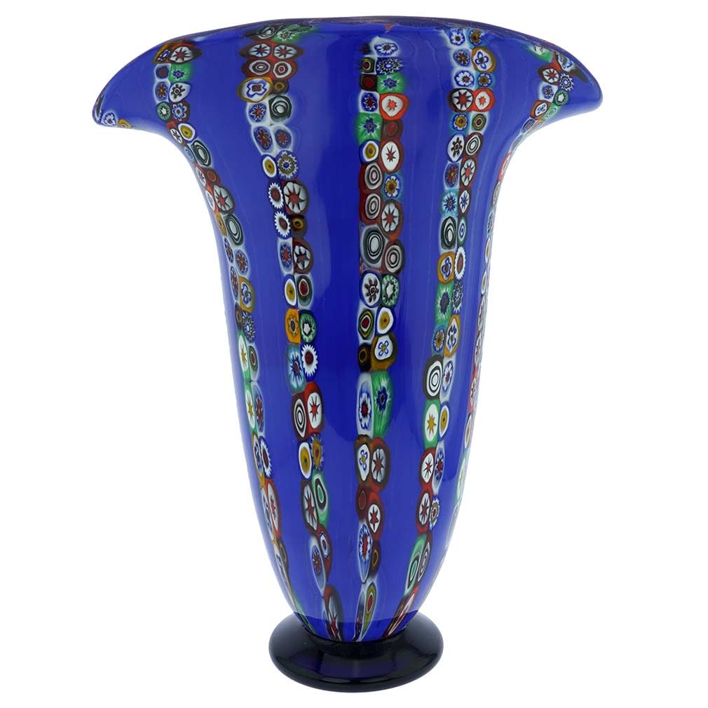 Ventaglio Blue Stripes Murano Glass Millefiori Vase - Large: Deep colors, gorgeous pattern, and elegant Italian design set this Murano Glass vase apart from the rest. Stripes of colorful Millefiori flower mosaics contrast with deep blue shade of the background,