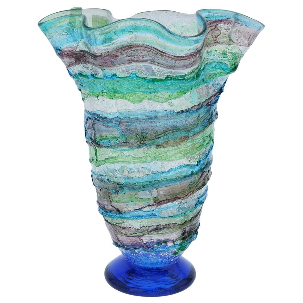 Murano Glass Sbruffo Fazzoletto Vase - Green Aqua Purple: This stunning Murano Glass vase is an amazing example of Sbruffo technique, which at present is only used by very few masters on Murano island. This technique requires precision, skill, and patience t
