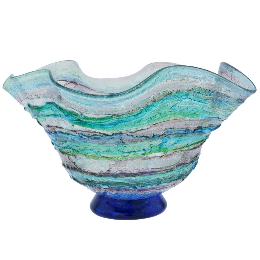 Murano Glass Sbruffo Fazzoletto Bowl - Green Aqua Purple: Stunning, elegant and unique, this Murano Glass Bowl is a great accent to any home decor theme. Handcrafted by top Murano Glass artisans from a small family workshop where complex techniques and secre