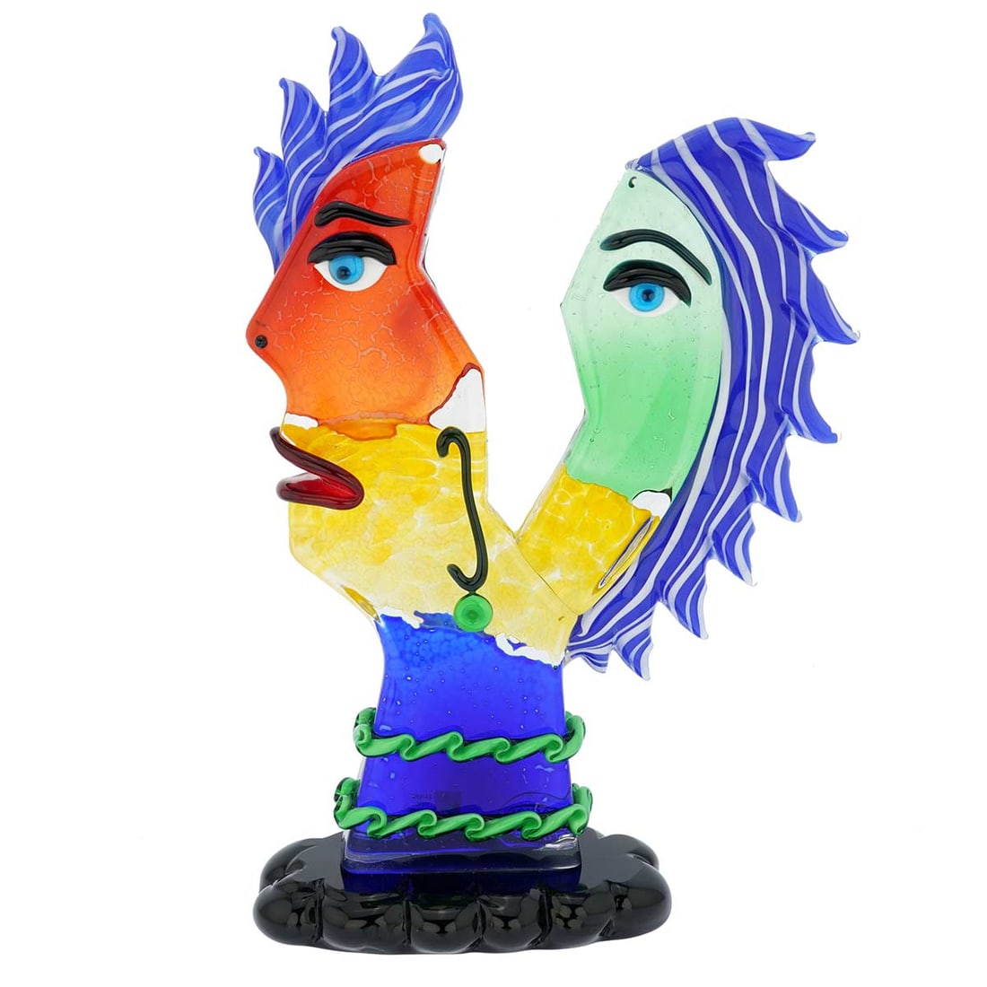 Murano Glass Picasso Head In Two Parts With Blue Hair: Murano Glass is a form of art, which draws inspiration from the important artistic trends of the past and present. In a tribute to the greatest and most innovative artist of the 20th century, Pablo