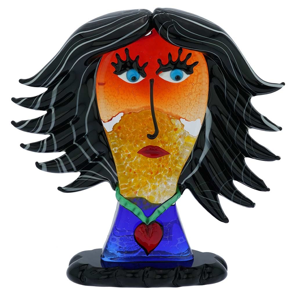 Murano Glass Picasso Head Of A Woman With Black Hair: Murano Glass art shines brightest when it explores themes in modern art, such as this stunning Picasso Head sculpture. In a tribute to Pablo Picasso, the renowned artist who revolutionized art in the 