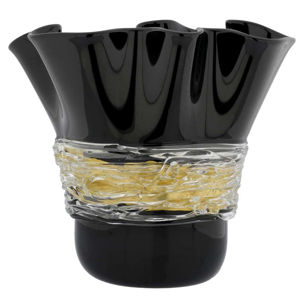 Murano Glass Centerpiece Vase - Black and Gold: This stunning Murano Glass Centerpiece Vase is all about modernity, yet it is crafted in very traditional glass-blowing workshops of Murano Island based on a thousand years of Venetian glass-making. T