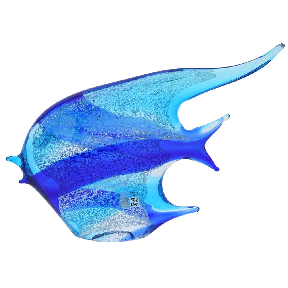 Murano Glass Wide Angel Fish Sculpture - Aqua Blue: This beautifully handcrafted Murano Glass Wide Angel Fish seems to have just come out of the shimmering waters of Venetian Lagoon. Featuring nature-inspired colors in shades of green, blue, and amber 