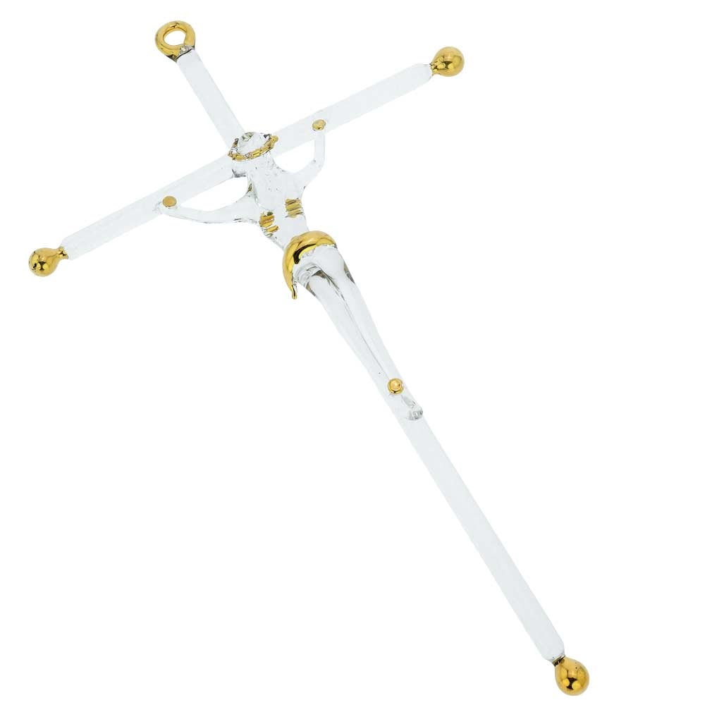 Murano Glass Wall Crucifix Medium - Clear Gold: This museum-quality blown Murano Glass Crucifix wall sculpture represents the long-running artistic tradition of Murano glass combined with ingenuity and technical virtuosity of Venetian Glass masters